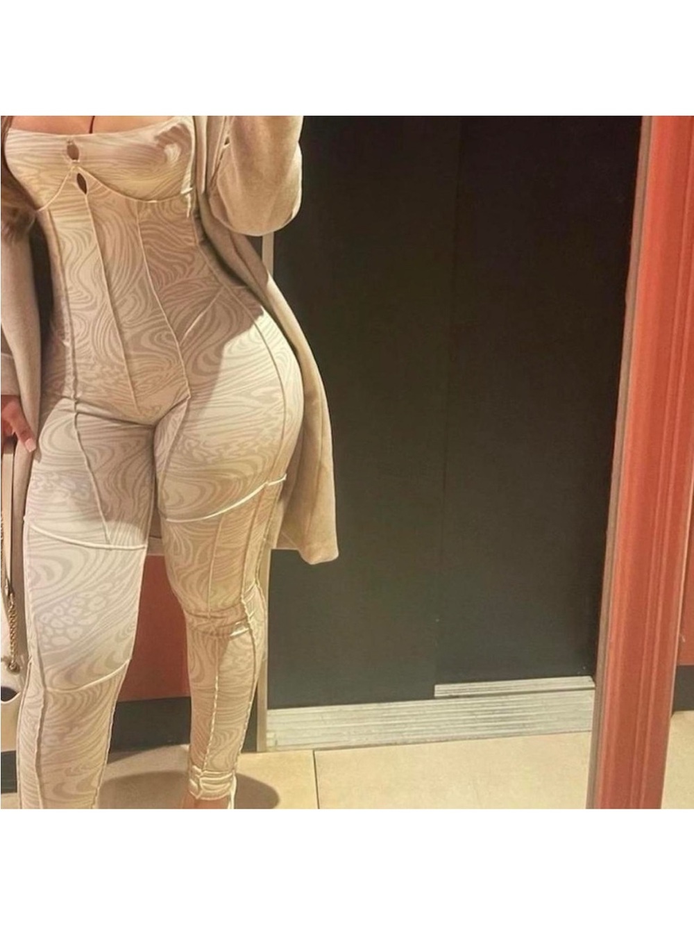 Off-Shoulder Cream Patterned Jumpsuit - Picture 5 of 8